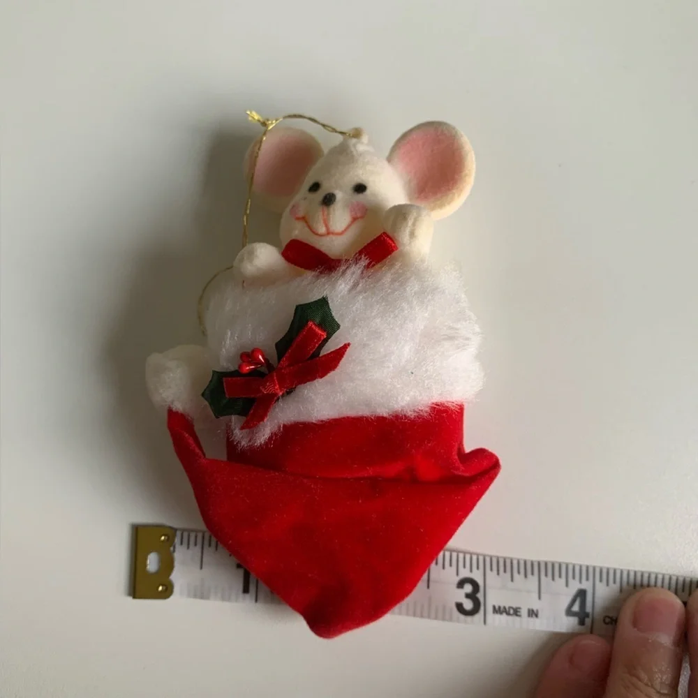 Vintage Mouse Inside Stocking 1970's Flocked Christmas Tree Ornament
